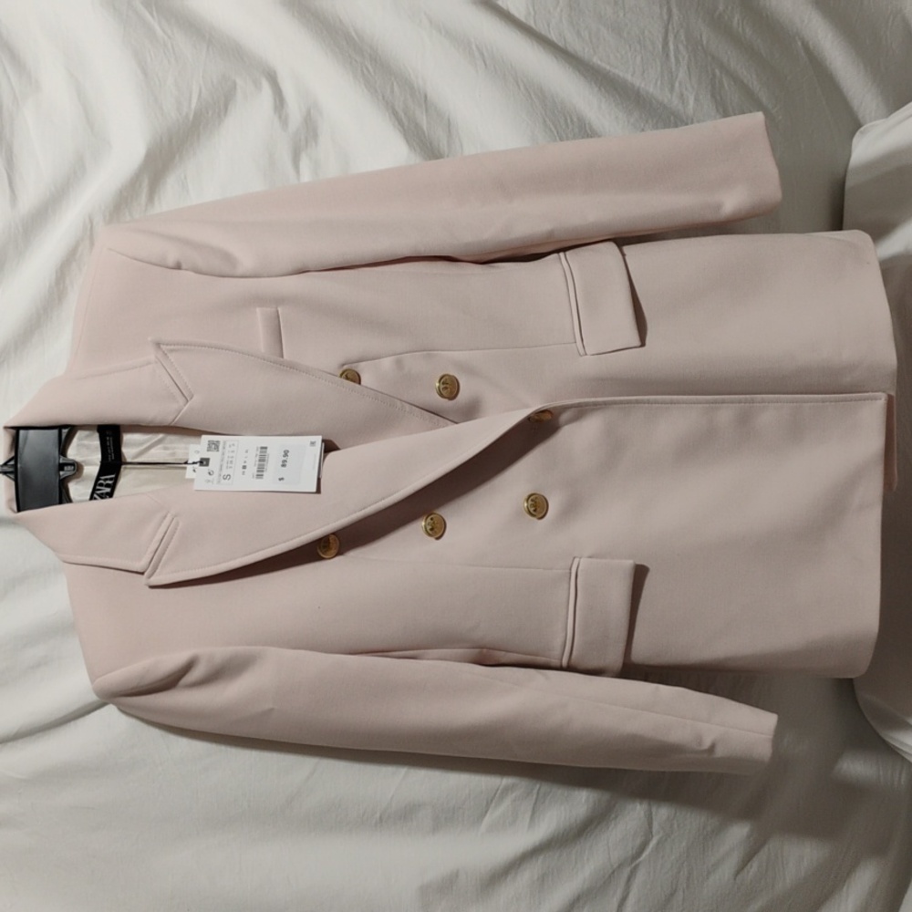(X-55) SALE! NWT Zara Long Double Breasted Beige Pink Blazer Sz.S